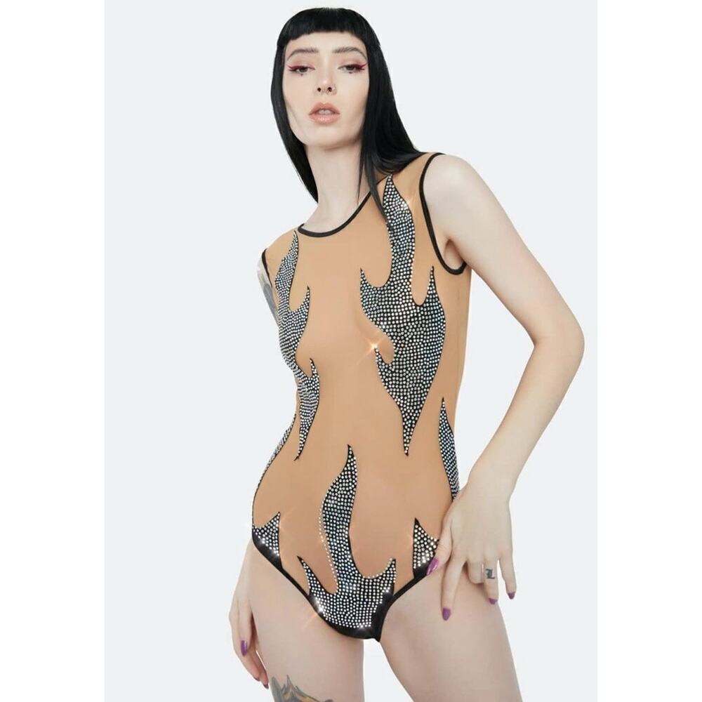 🦋B2G1🦋NEVANUDE Inferni Black Crystal Flame Nude Mesh One Piece BodySuit